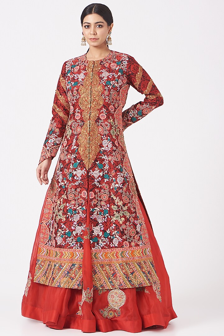 Red Chanderi Jacket Set by Debyani at Pernia's Pop Up Shop