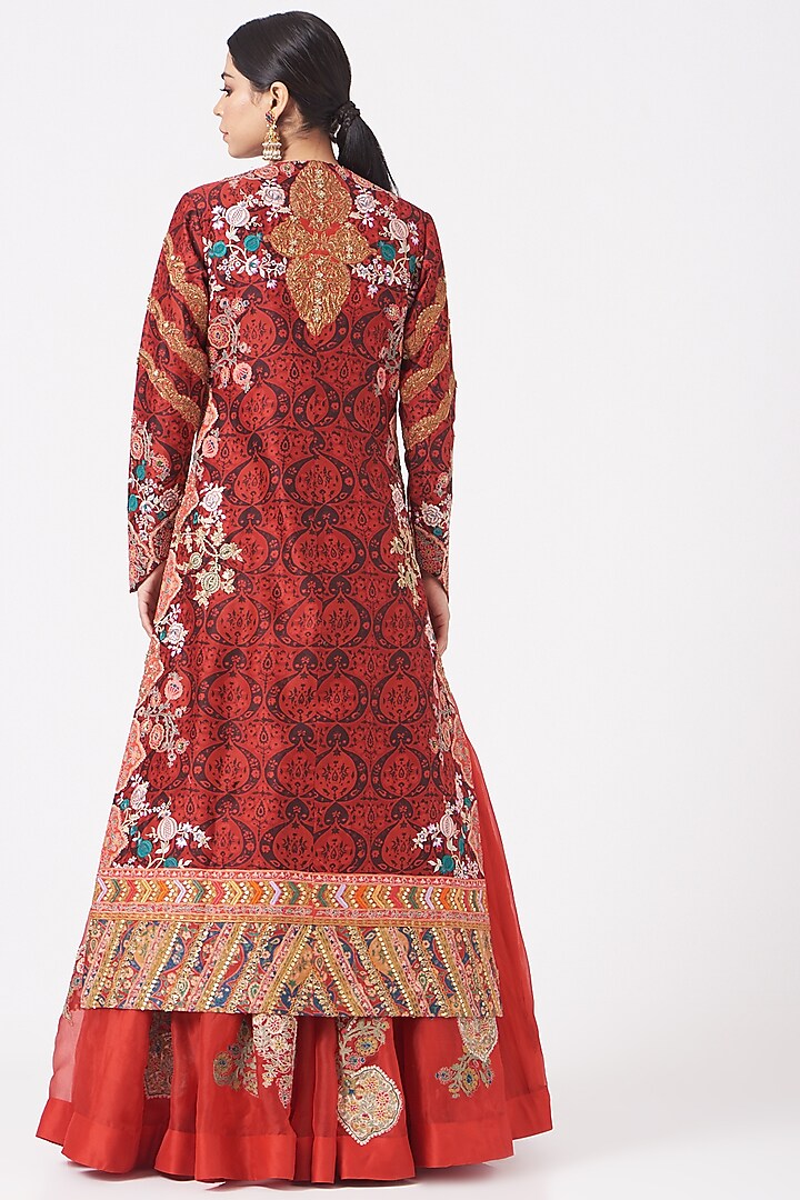 Red Chanderi Jacket Set by Debyani at Pernia's Pop Up Shop