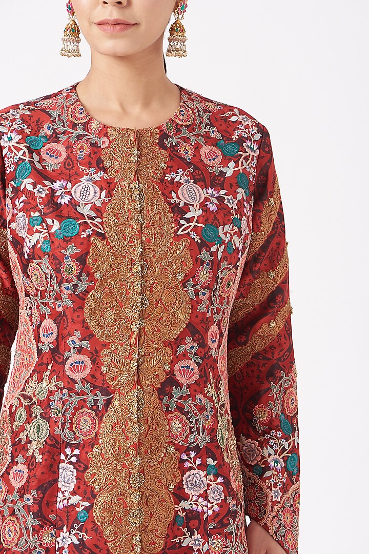 Red Chanderi Jacket Set by Debyani at Pernia's Pop Up Shop