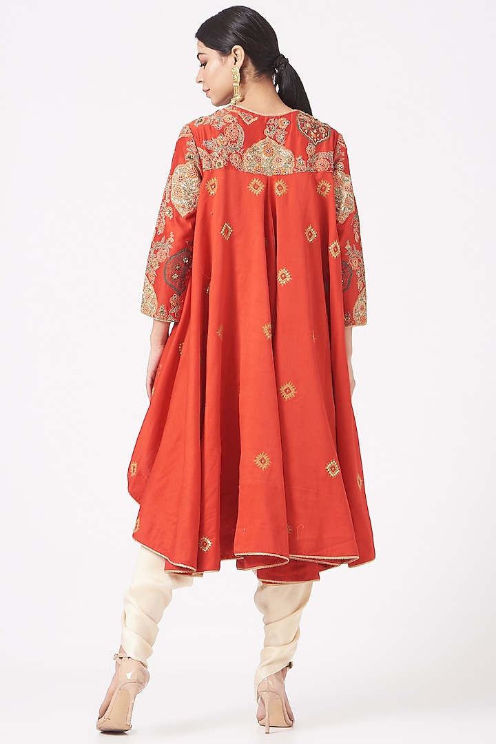 Red Mughal Trail Jacket Set by Debyani at Pernia's Pop Up Shop