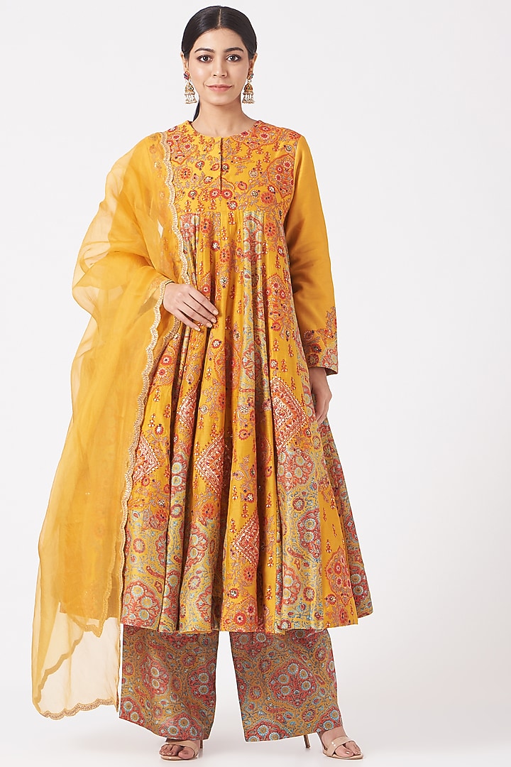 Mustard Chanderi Kalidar Kurta Set by Debyani at Pernia's Pop Up Shop