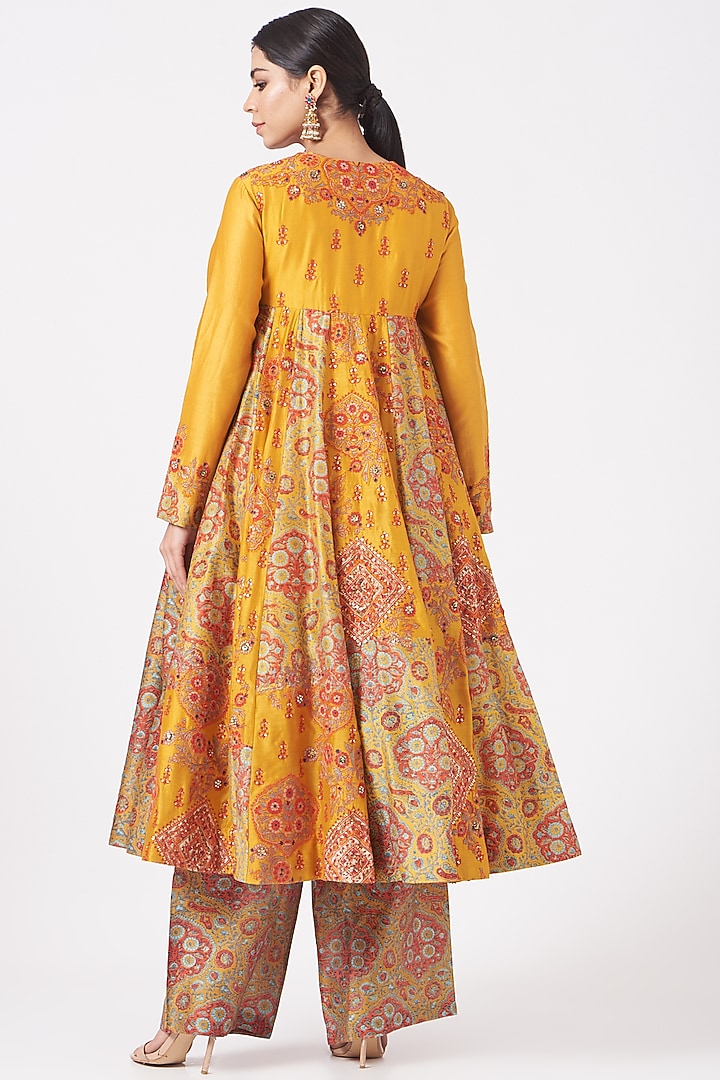 Mustard Chanderi Kalidar Kurta Set by Debyani at Pernia's Pop Up Shop