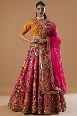Magenta Mulmul & Chanderi Lehenga Set by Debyani