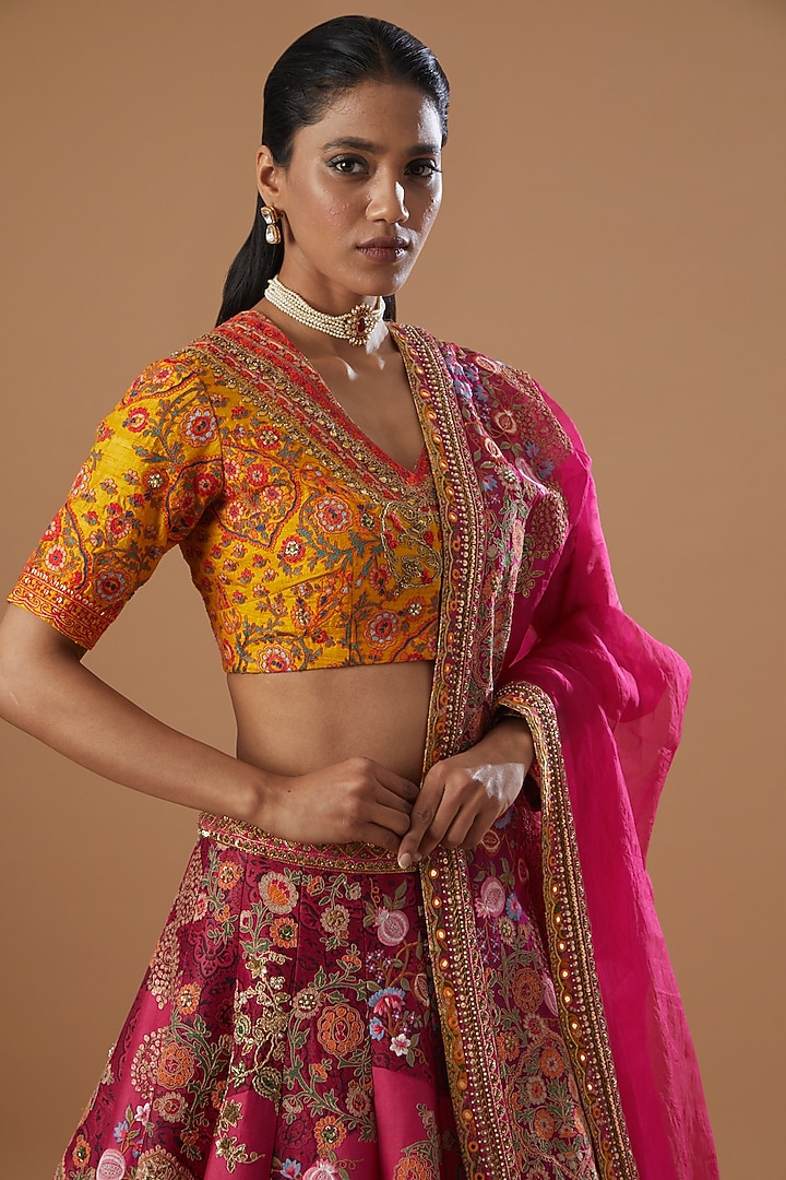 Magenta Mulmul & Chanderi Bridal Lehenga Set by Debyani at Pernia's Pop Up Shop