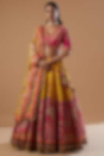 Mustard Mulmul & Chanderi Bridal Lehenga Set by Debyani at Pernia's Pop Up Shop