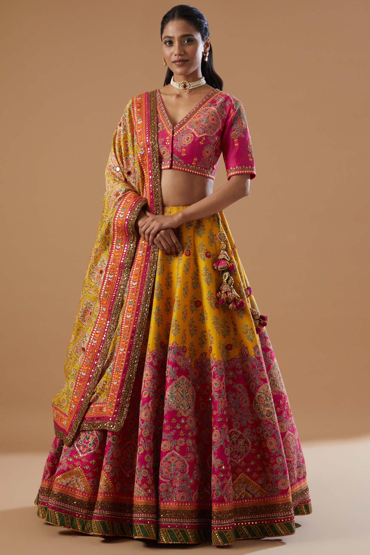 Mustard Mulmul & Chanderi Bridal Lehenga Set by Debyani at Pernia's Pop Up Shop