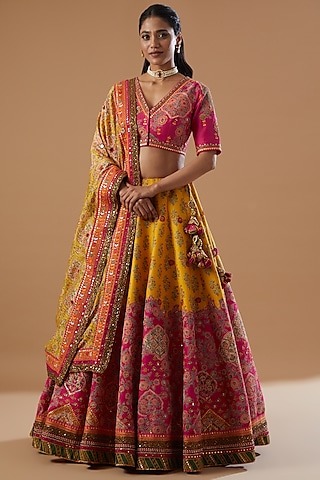 Mustard Mulmul & Chanderi Lehenga Set by Debyani
