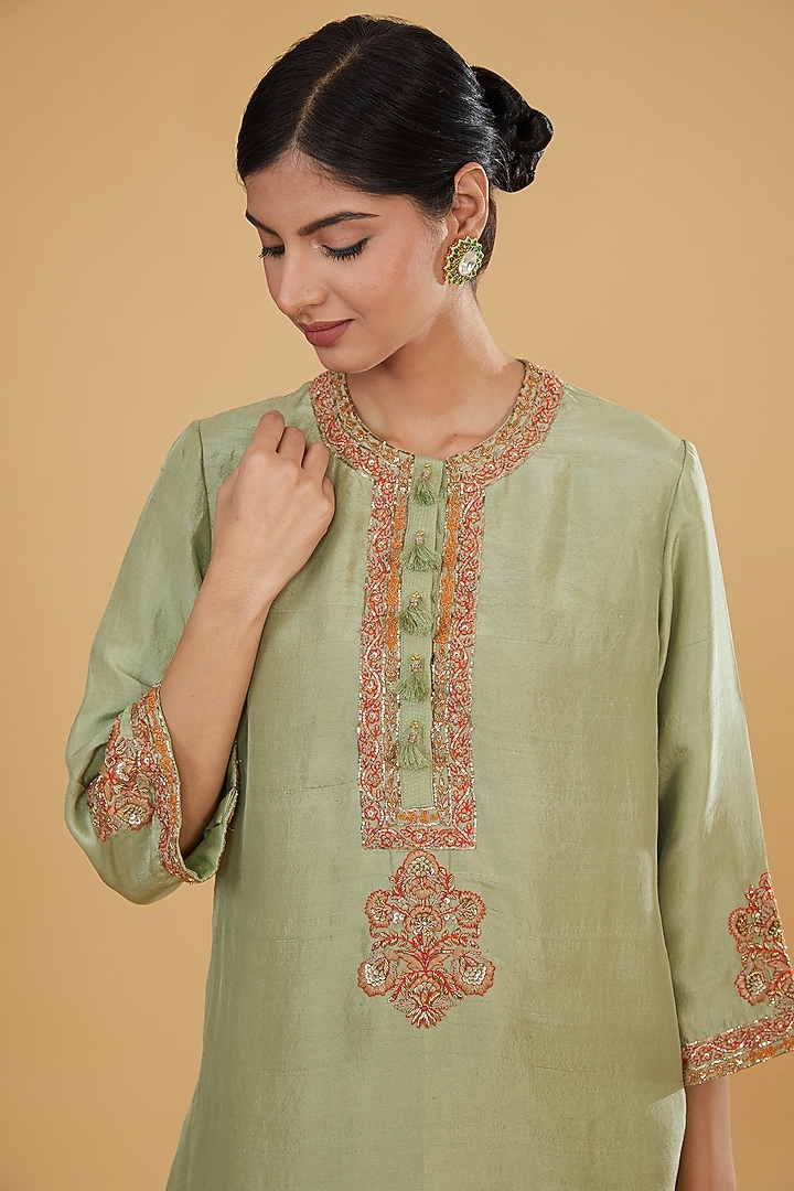 Mint Green Silk Short Kurta Set by Debyani at Pernia's Pop Up Shop