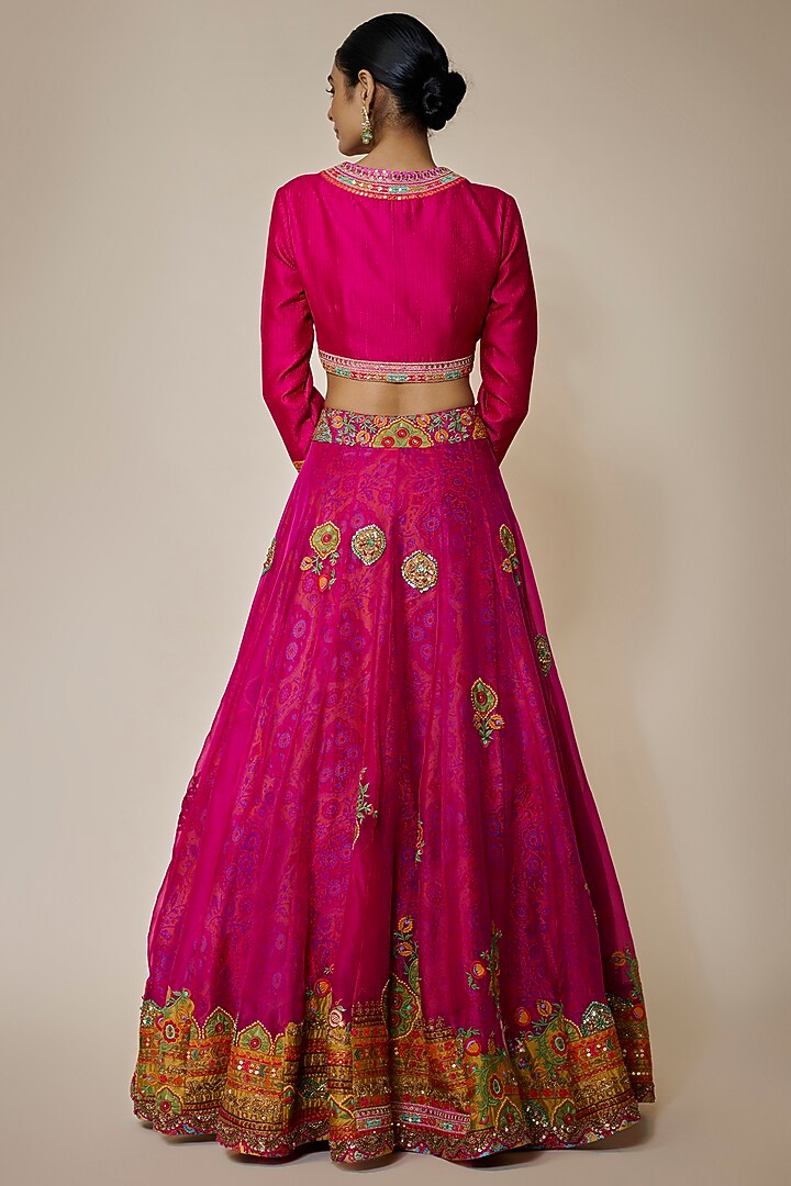 Magenta Organza Patch Work Bridal Lehenga Set by Debyani at Pernia's Pop Up Shop