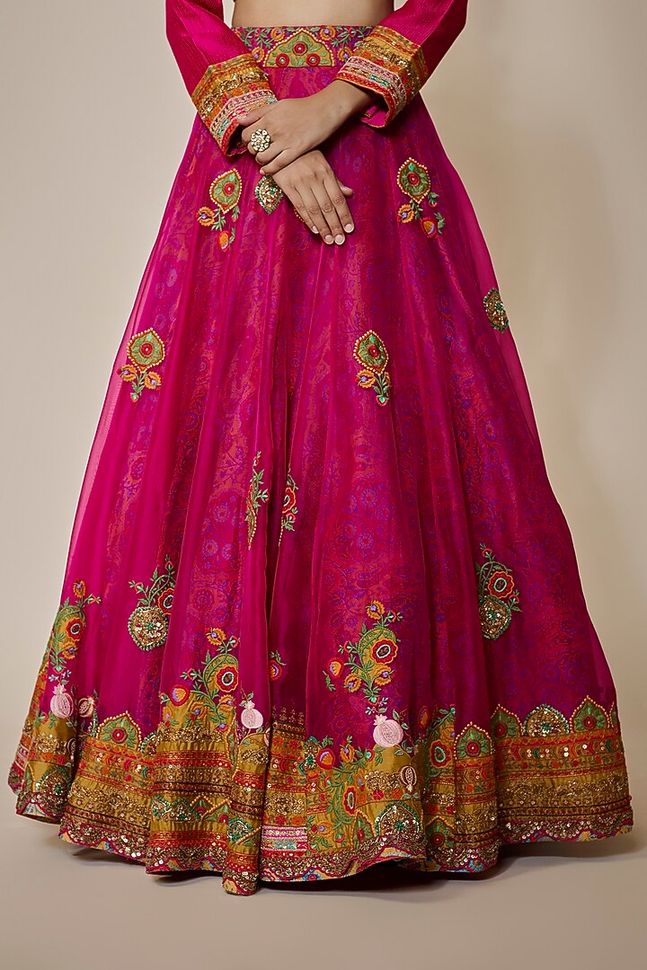 Magenta Organza Patch Work Bridal Lehenga Set by Debyani at Pernia's Pop Up Shop