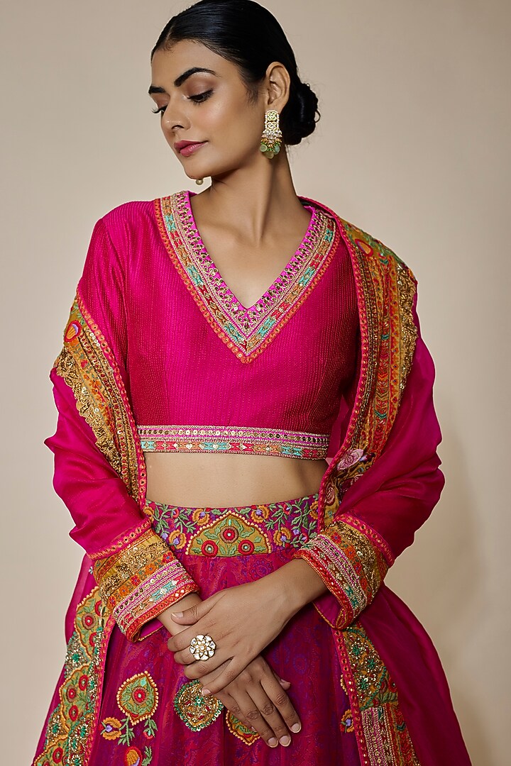 Magenta Organza Patch Work Bridal Lehenga Set by Debyani at Pernia's Pop Up Shop
