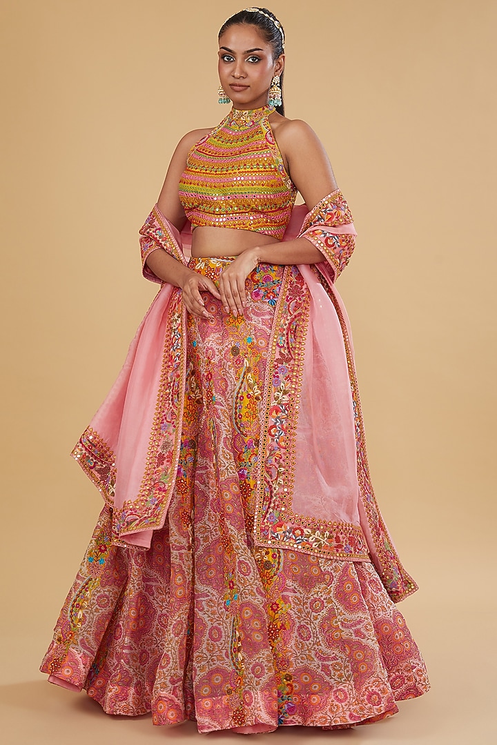 Powder Pink Organza Mughal Printed Bridal Lehenga Set by Debyani at Pernia's Pop Up Shop