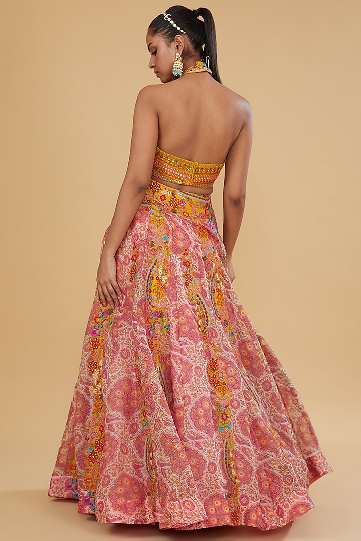 Powder Pink Organza Mughal Printed Bridal Lehenga Set by Debyani at Pernia's Pop Up Shop
