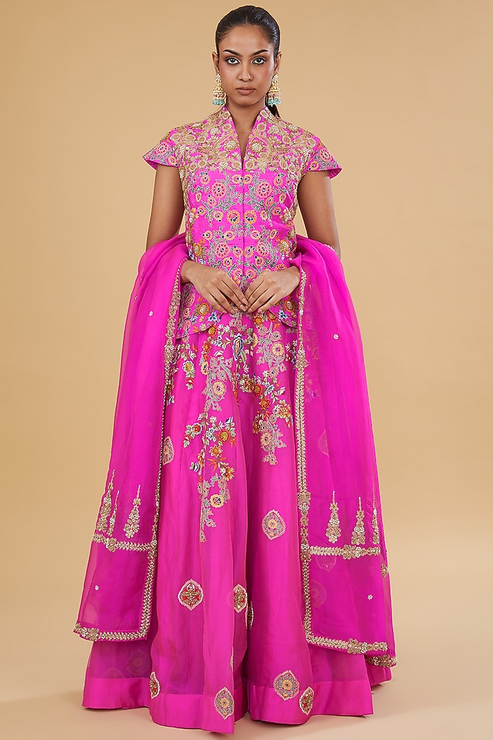 Pink Organza Embroidered Jacket Set by Debyani at Pernia's Pop Up Shop