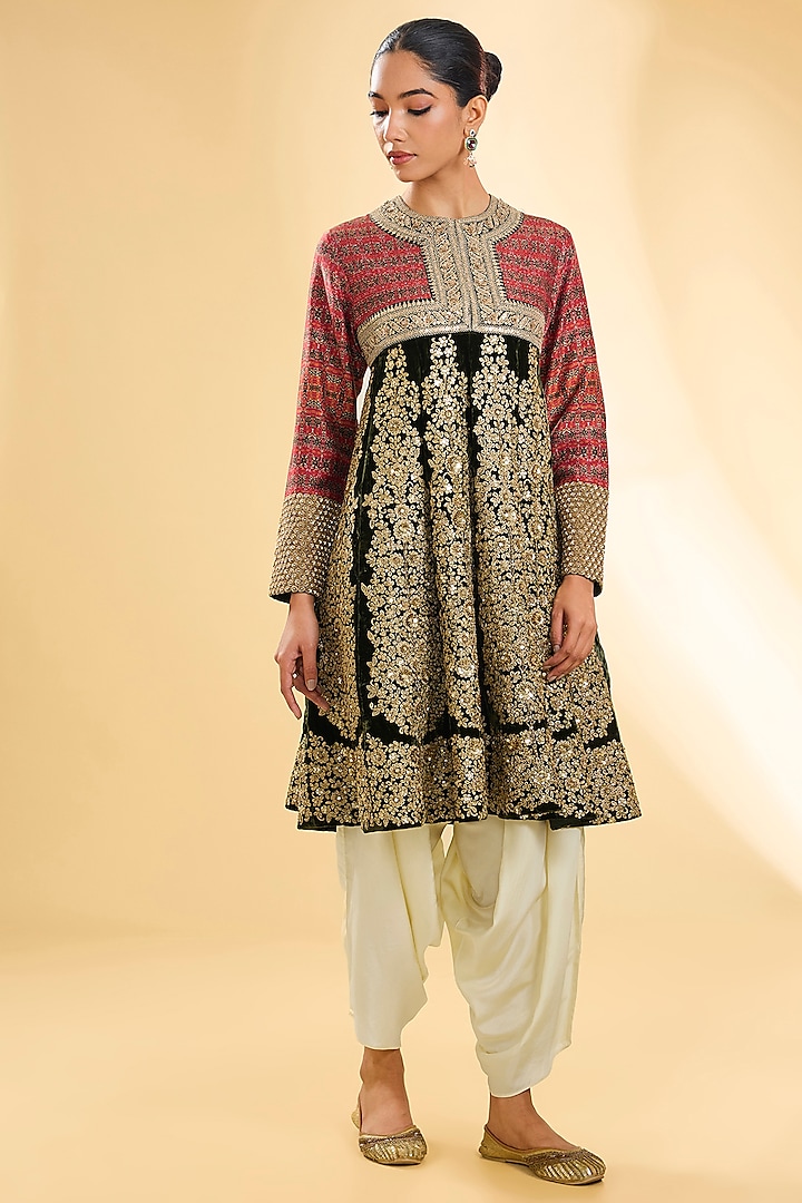 Red & Olive Green Silk Hand & Machine Embroidered Kurta Set by Debyani at Pernia's Pop Up Shop