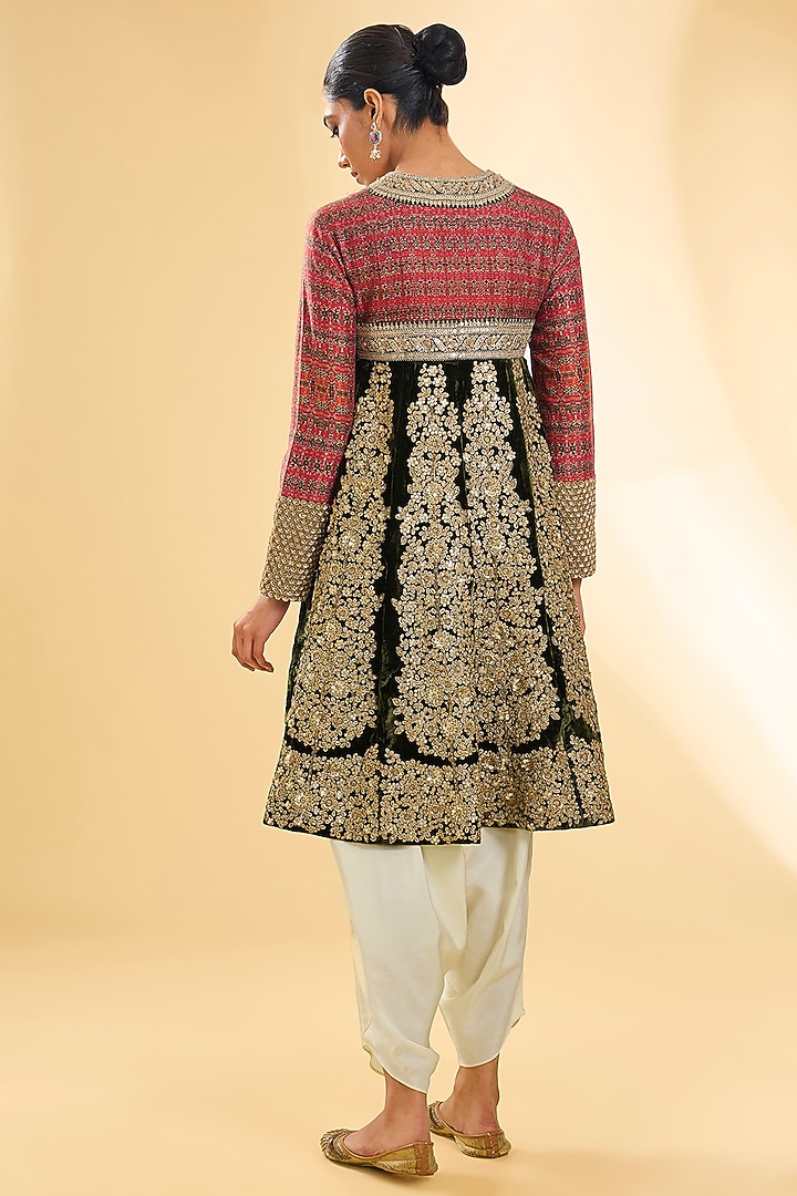 Red & Olive Green Silk Hand & Machine Embroidered Kurta Set by Debyani at Pernia's Pop Up Shop