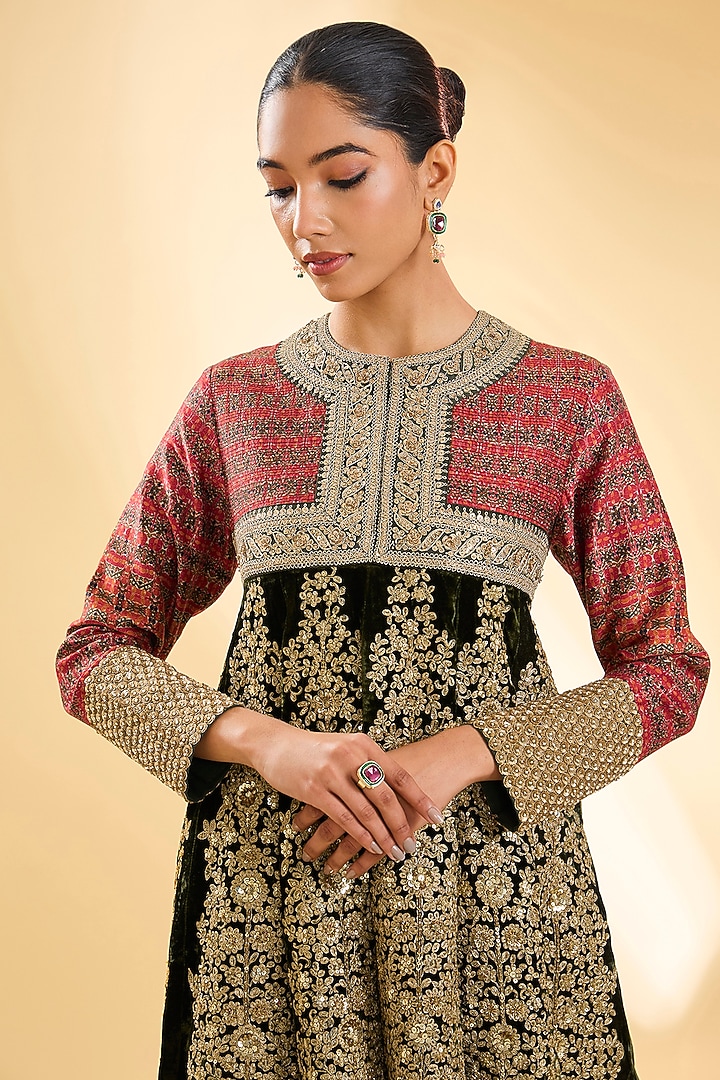 Red & Olive Green Silk Hand & Machine Embroidered Kurta Set by Debyani at Pernia's Pop Up Shop