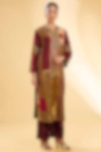 Maroon & Brown Velvet Patchwork Kurta Set by Debyani at Pernia's Pop Up Shop