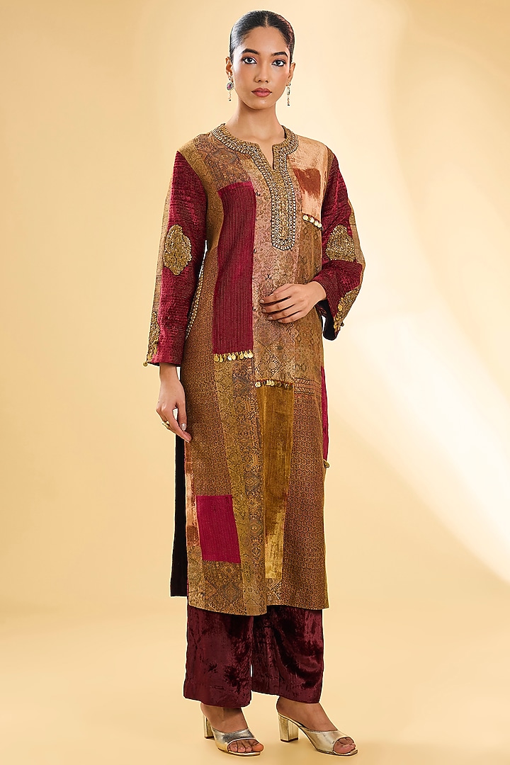 Maroon & Brown Velvet Patchwork Kurta Set by Debyani at Pernia's Pop Up Shop