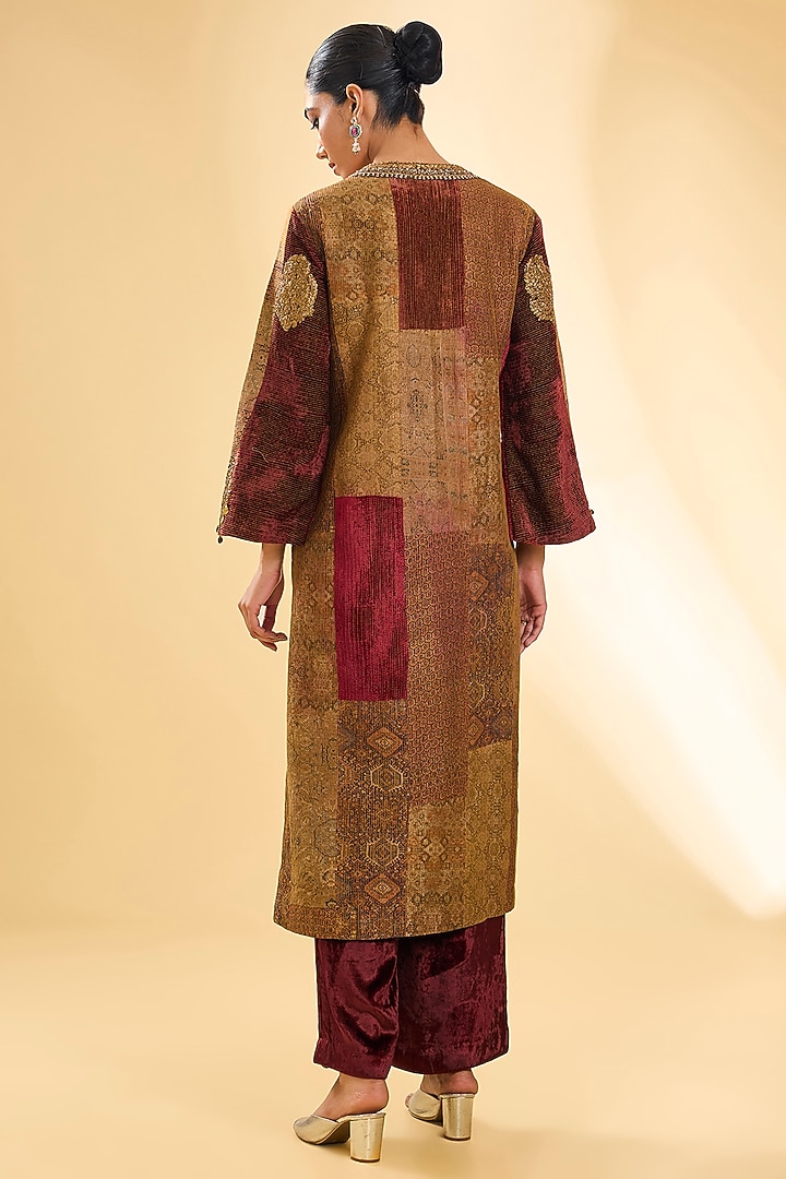 Maroon & Brown Velvet Patchwork Kurta Set by Debyani at Pernia's Pop Up Shop