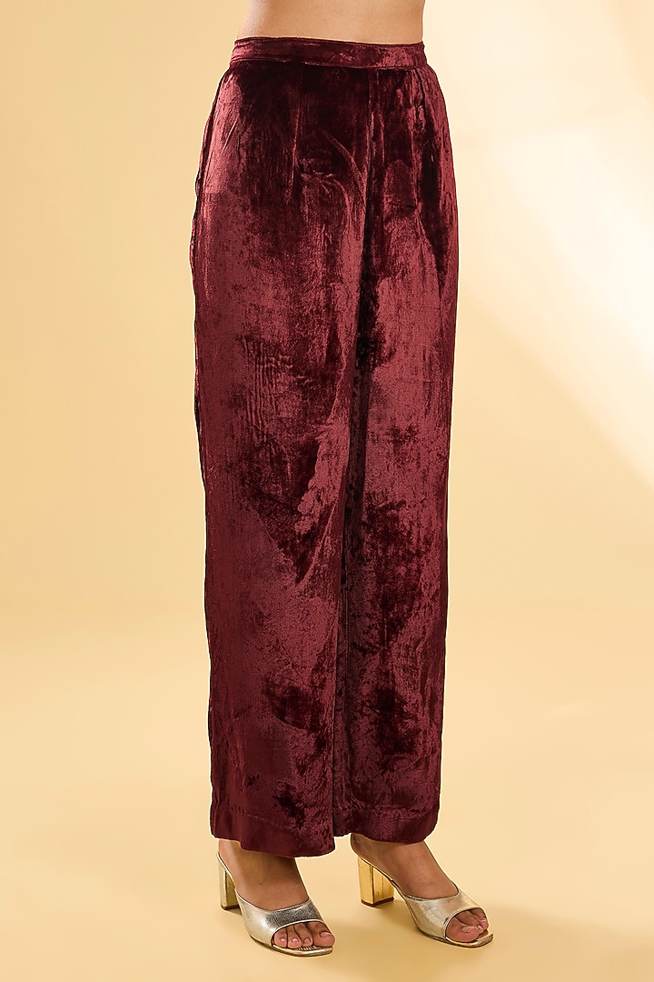 Maroon & Brown Velvet Patchwork Kurta Set by Debyani at Pernia's Pop Up Shop