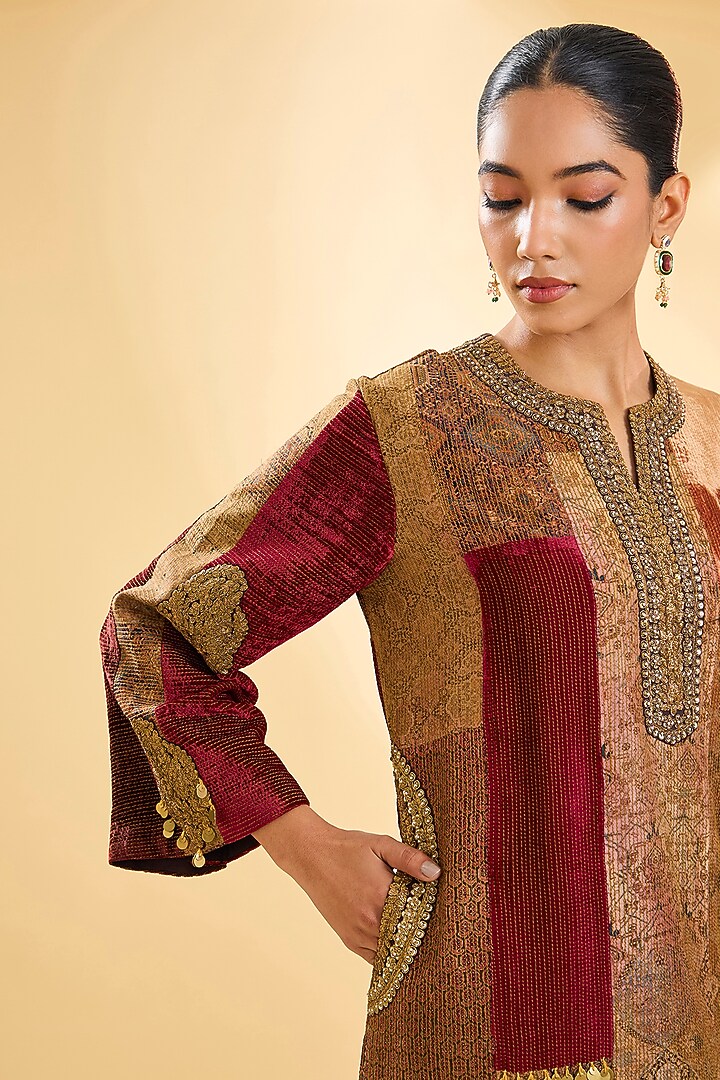 Maroon & Brown Velvet Patchwork Kurta Set by Debyani at Pernia's Pop Up Shop