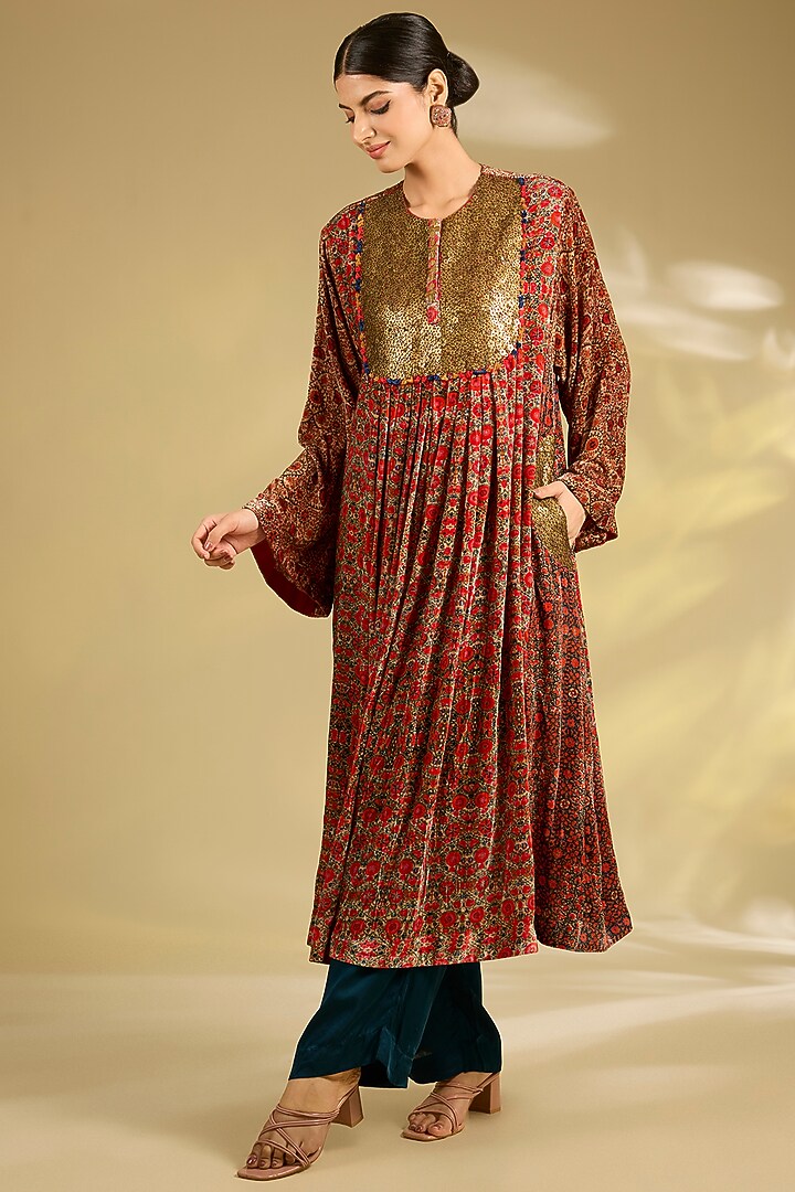 Multi-Colored Velvet Hand & Machine Embroidered Kurta Set by Debyani at Pernia's Pop Up Shop