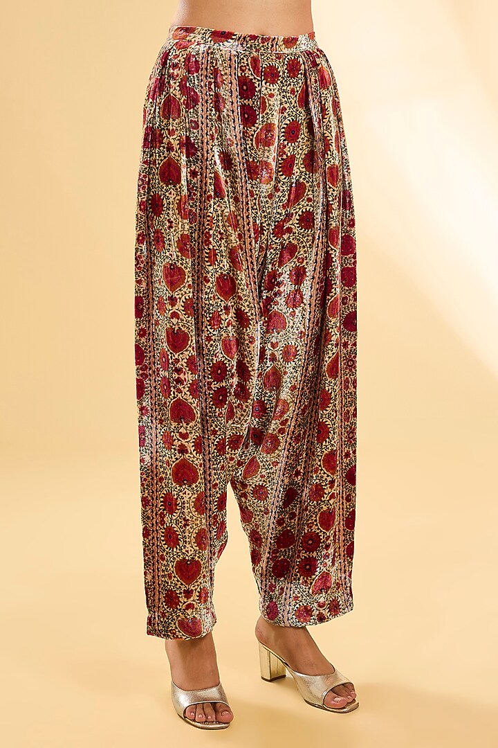Red Velvet Hand & Machine Embroidered Kalidar Kurta Set by Debyani at Pernia's Pop Up Shop