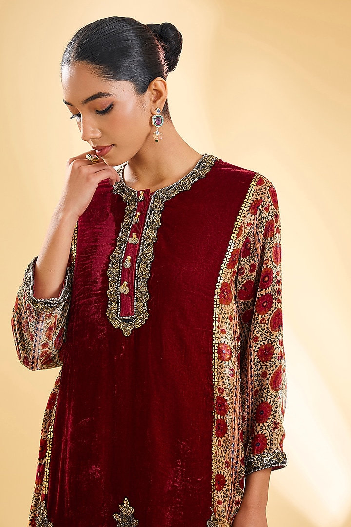 Red Velvet Hand & Machine Embroidered Kalidar Kurta Set by Debyani at Pernia's Pop Up Shop