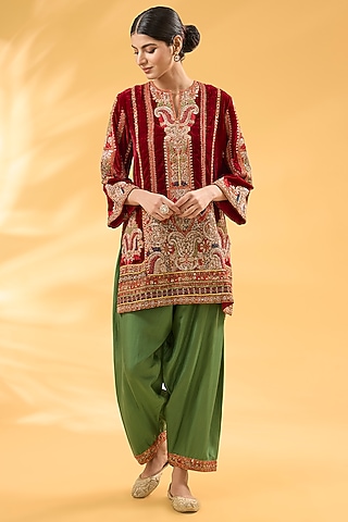 Red Silk Velvet Ajrakh Printed & Hand Embroidered Kurta Set by Debyani