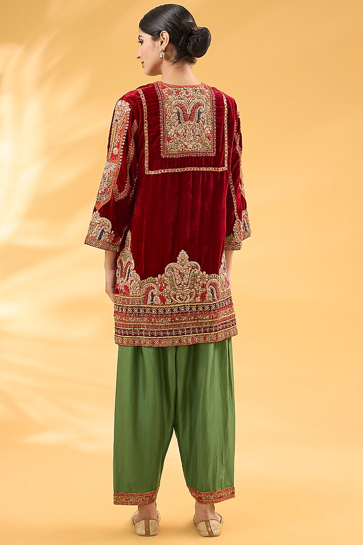 Red Silk Velvet Ajrakh Printed & Hand Embroidered Kurta Set by Debyani at Pernia's Pop Up Shop