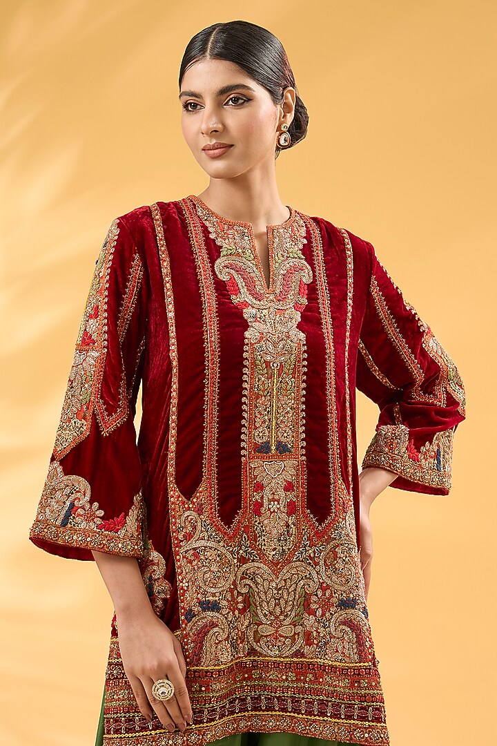 Red Silk Velvet Ajrakh Printed & Hand Embroidered Kurta Set by Debyani at Pernia's Pop Up Shop