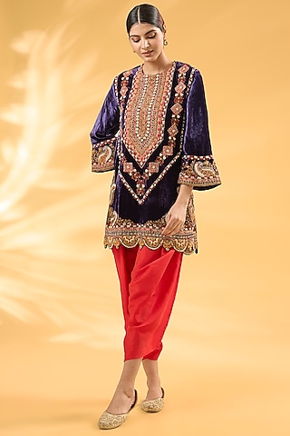 Blue Silk Velvet Ajrakh Printed & Hand Embroidered Kurta Set by Debyani