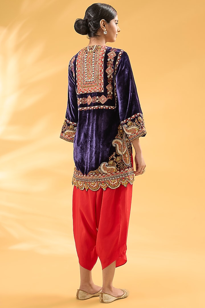 Blue Silk Velvet Ajrakh Printed & Hand Embroidered Kurta Set by Debyani at Pernia's Pop Up Shop