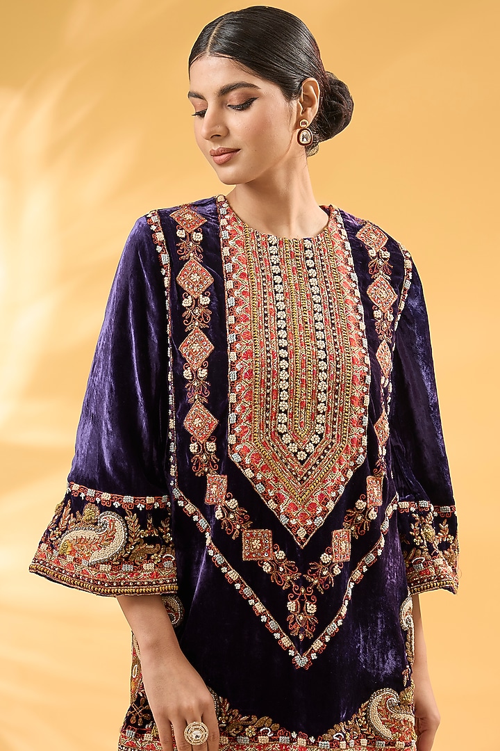 Blue Silk Velvet Ajrakh Printed & Hand Embroidered Kurta Set by Debyani at Pernia's Pop Up Shop