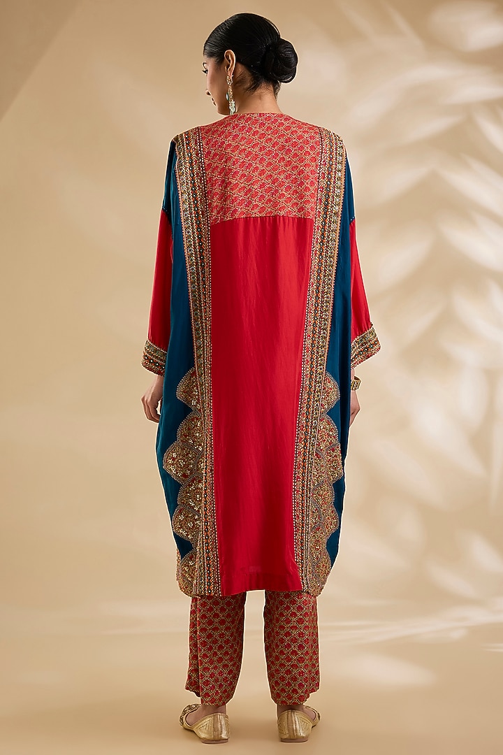 Red & Navy Blue Silk Hand & Machine Embroidered Kaftan Set by Debyani at Pernia's Pop Up Shop