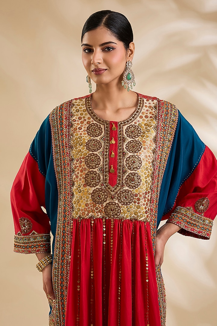 Red & Navy Blue Silk Hand & Machine Embroidered Kaftan Set by Debyani at Pernia's Pop Up Shop