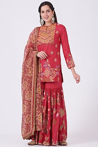 Magenta Embroidered Sharara Set by Debyani