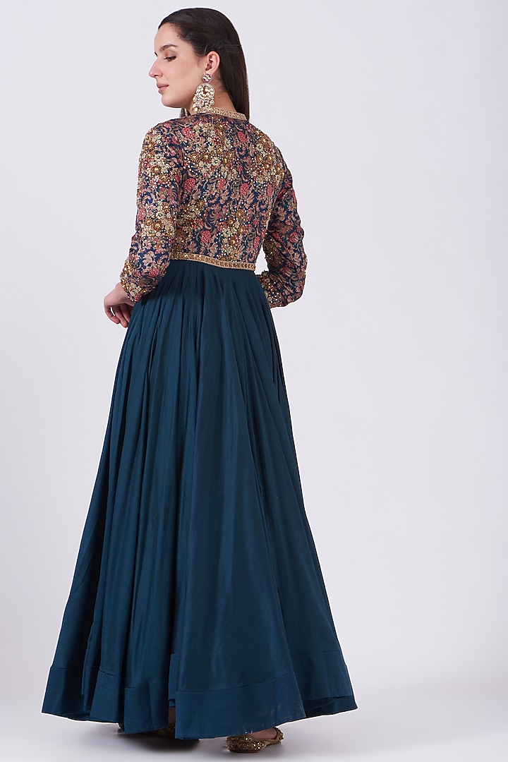 Blue Chanderi Silk Wedding Anarkali Set by Debyani at Pernia's Pop Up Shop