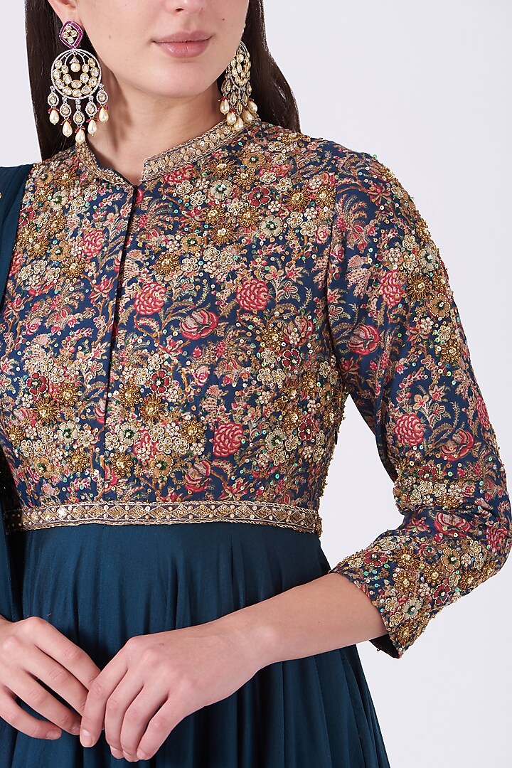 Blue Chanderi Silk Wedding Anarkali Set by Debyani at Pernia's Pop Up Shop