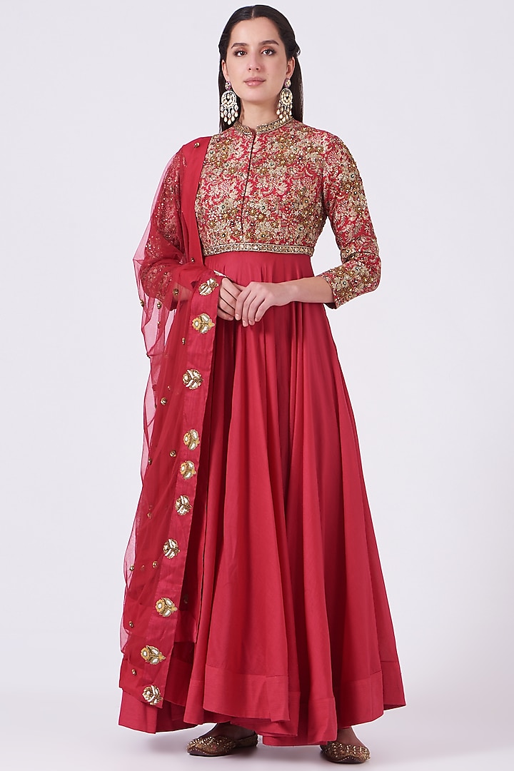 Magenta Chanderi Silk Anarkali Set by Debyani