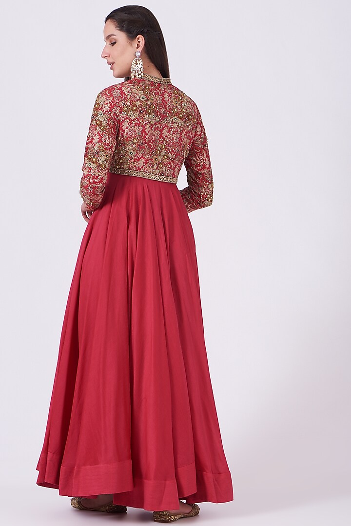 Magenta Chanderi Silk Wedding Anarkali Set by Debyani at Pernia's Pop Up Shop