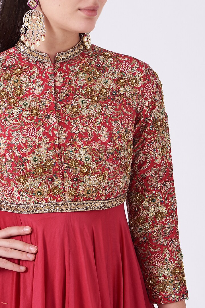 Magenta Chanderi Silk Wedding Anarkali Set by Debyani at Pernia's Pop Up Shop