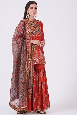 Red Embroidered Sharara Set by Debyani