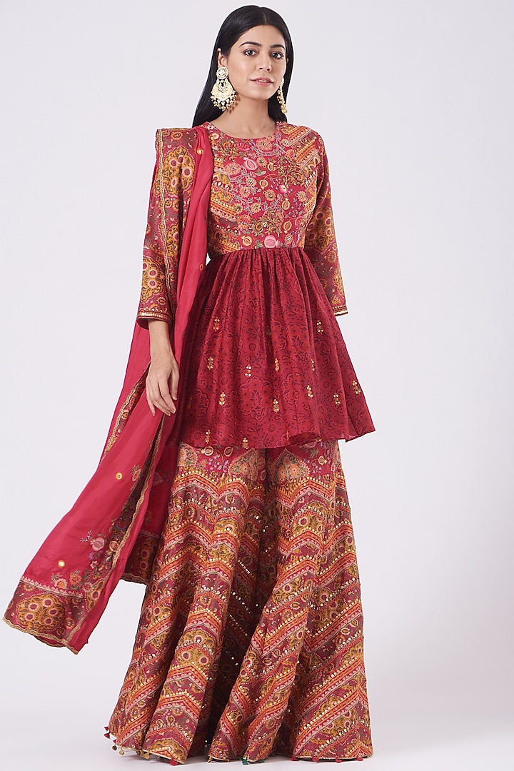 Red Printed Sharara Set by Debyani