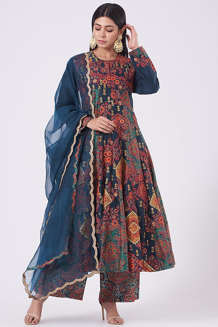 Blue Chanderi Kalidar Kurta Set by Debyani at Pernia's Pop Up Shop