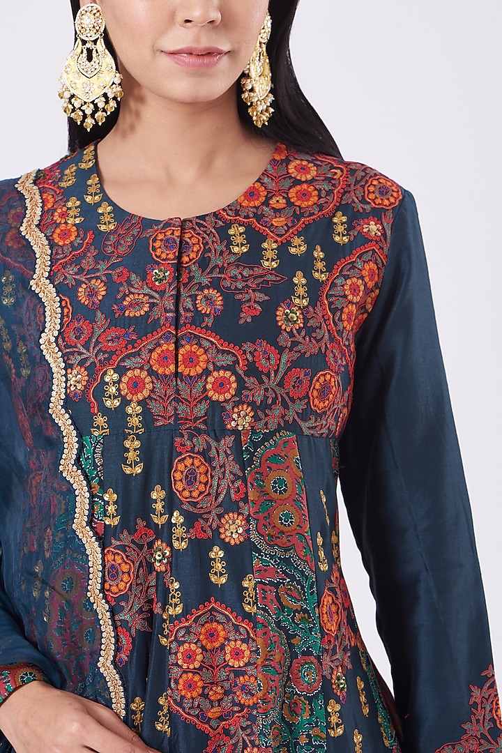 Blue Chanderi Kalidar Kurta Set by Debyani at Pernia's Pop Up Shop