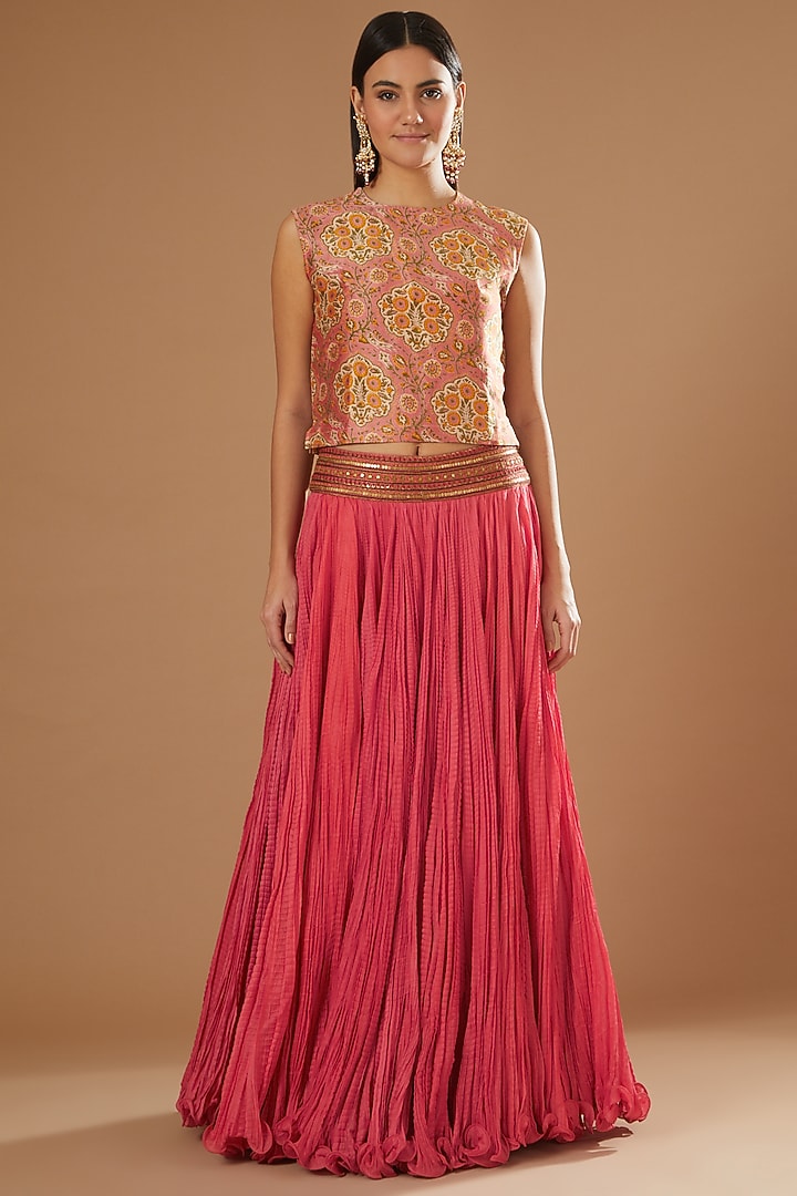 Candy Pink Chanderi Mulmul Jacket Set by Debyani at Pernia's Pop Up Shop