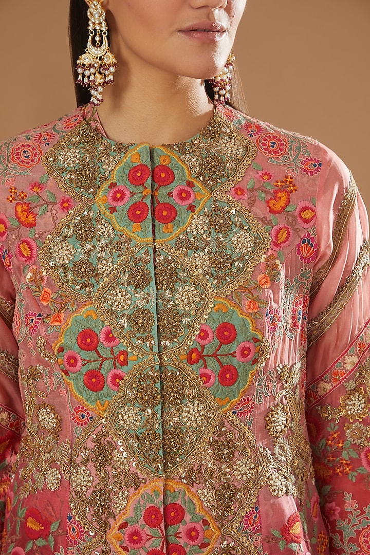 Candy Pink Chanderi Mulmul Jacket Set by Debyani at Pernia's Pop Up Shop
