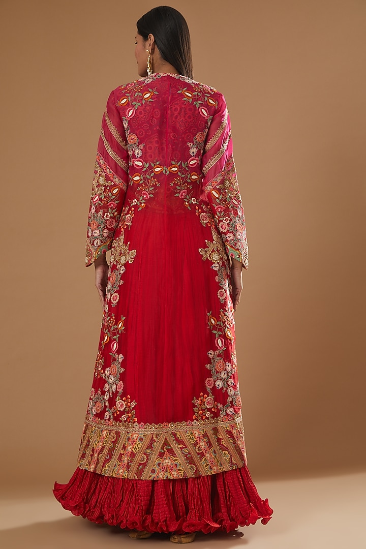 Magenta Chanderi Mulmul Jacket Set by Debyani at Pernia's Pop Up Shop